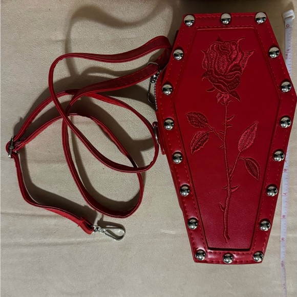 ๐ Red Coffin Crossbody Purse Bag with silver studs. ~9โ tall & ~3โ depth - Picture 3 of 10